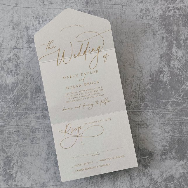 Elegante Charm RSVP Ivory e Dourado Casamento (Elegant Charm RSVP Ivory and Gold Wedding All In One Invitation)