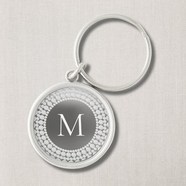 Elegante Chaveiro monograma moderno (Grey Modern Monogram with Pearl Print Design)