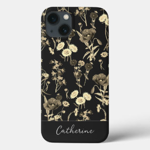 Elegante Chic Beige Wildflower Name em preto