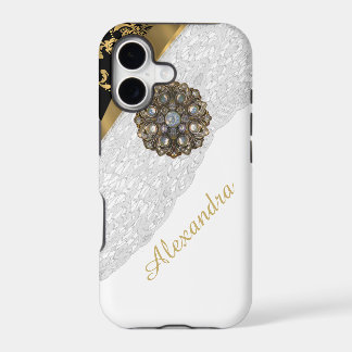 Elegante chic preto e dourado brilho renda branca