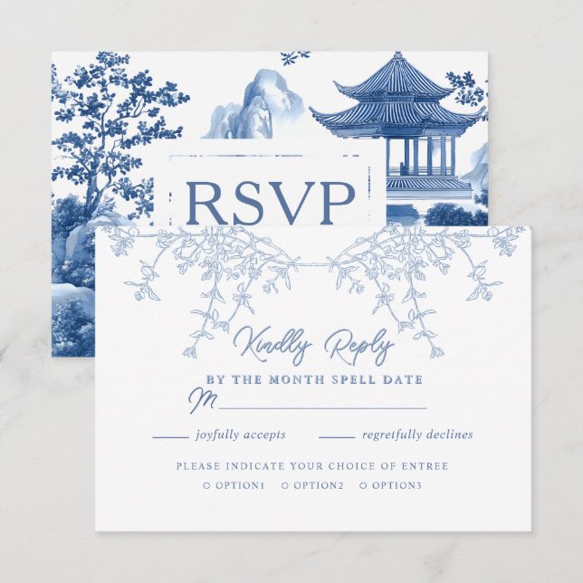 Elegante Chinoiserie Blue Pagoda Wedda RSVP (Frente/Verso)