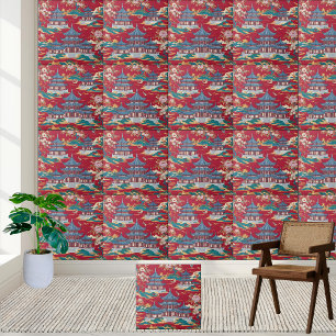 Elegante Chinoiserie Pagoda e Azulejo Floral de Pa