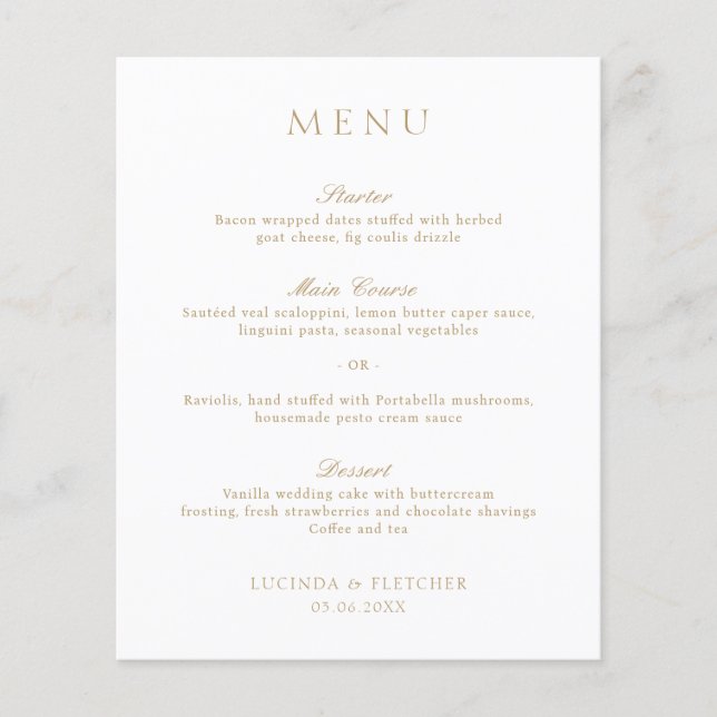 Elegante Clássico Dourado Menu de Casamento de Orç (Frente)