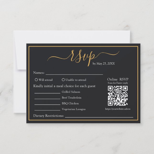 Elegante Código QR de RSVP com Borda Preta e Doura (Frente)