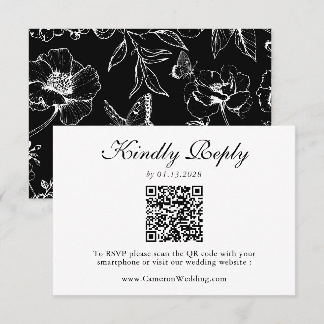 Elegante código QR floral preto e branco para RSVP (Frente/Verso)