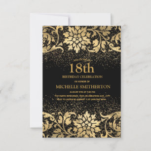 Elegante Convite de 18 Anos Preto Dourado com Flor
