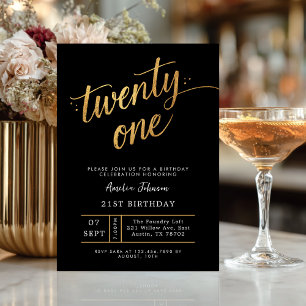 Elegante Convite de 21º Aniversário em Preto e Dou