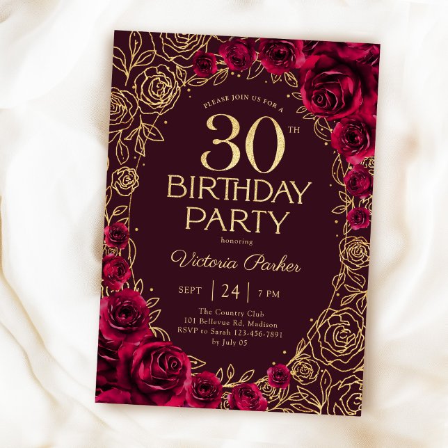 Elegante Convite de 30º Aniversário em Borgonha e  (Criador carregado)