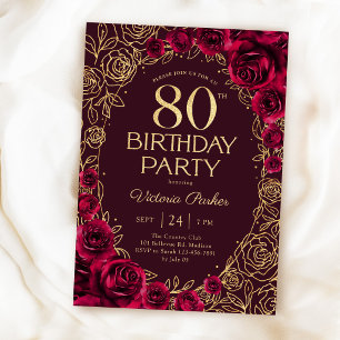 Elegante Convite de 80º Aniversário em Burgundy Do