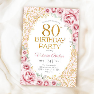 Elegante Convite de 80 Anos Blush Rosa Dourado Flo