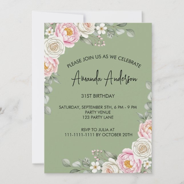 Elegante Convite de Aniversário com Aquarela Flora (Frente)