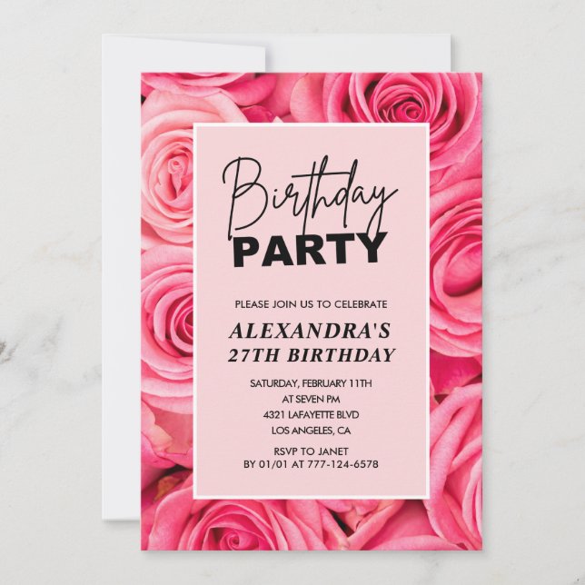 Elegante convite de aniversário de 27 anos com ros (Frente)