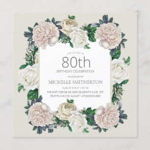 Elegante Convite de Aniversário de 80 Anos Floral 