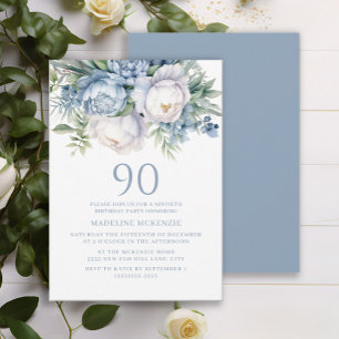 Elegante Convite de Aniversário de 90 Anos em Azul