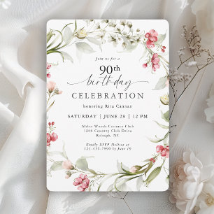 Elegante Convite de Aniversário de 90 Anos Floral 
