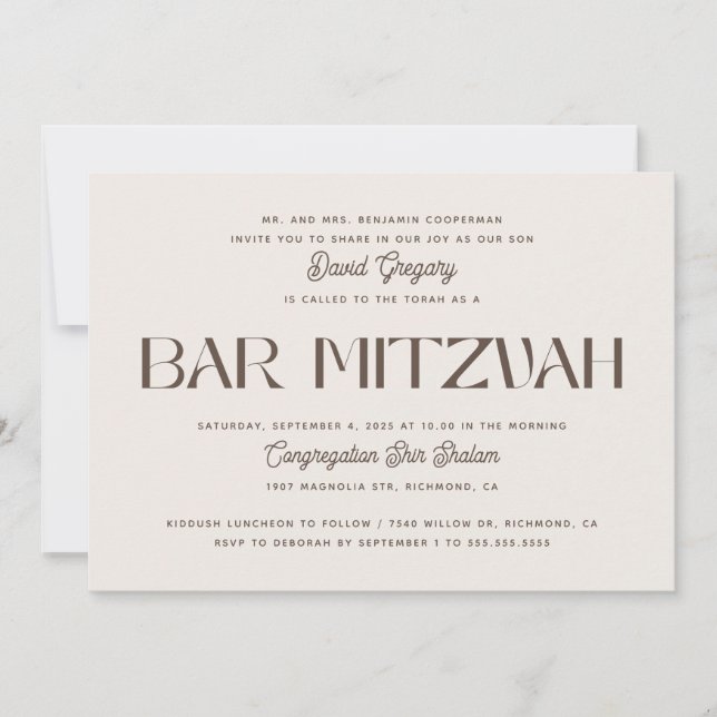 Elegante Convite de Bar Mitzvah em Marfim Macio |  (Frente)