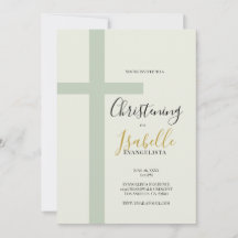 Elegante Convite de Batismo Cruz Minimalista Verde