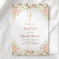 Elegante Convite de Batismo Floral Rosa Bege com C
