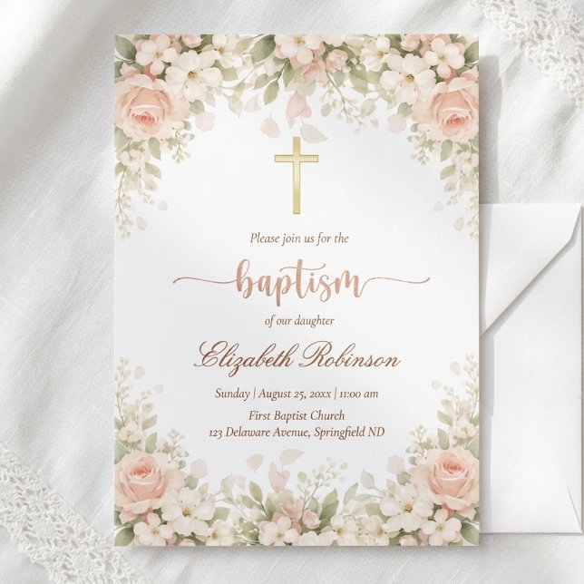 Elegante Convite de Batismo Floral Rosa Bege com C (Criador carregado)