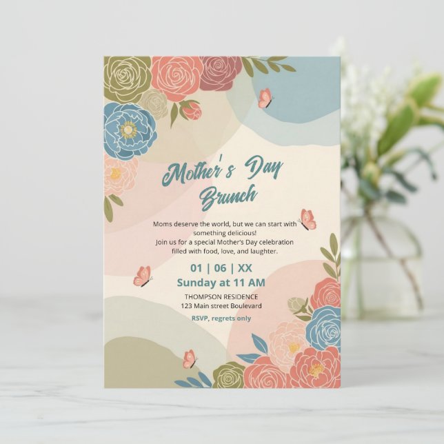 Elegante Convite de Brunch do Dia das Mães com Flo (Em pé/Frente)