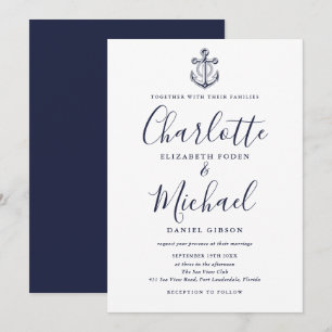 Elegante Convite de Casamento Âncora Náutica em Az