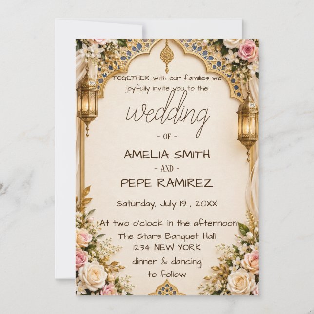 Elegante Convite de Casamento Árabe com Arco e Lan (Frente)