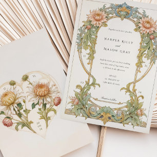 Elegante Convite de Casamento Art Nouveau Dahlia