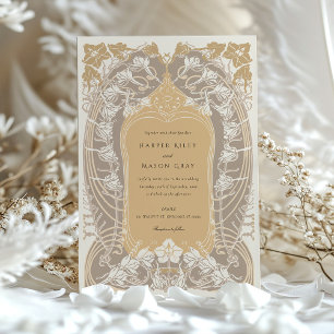 Elegante Convite de Casamento Art Nouveau Tons Dou