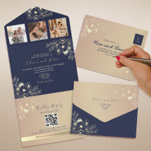Elegante Convite de Casamento Azul Marinho com QR 