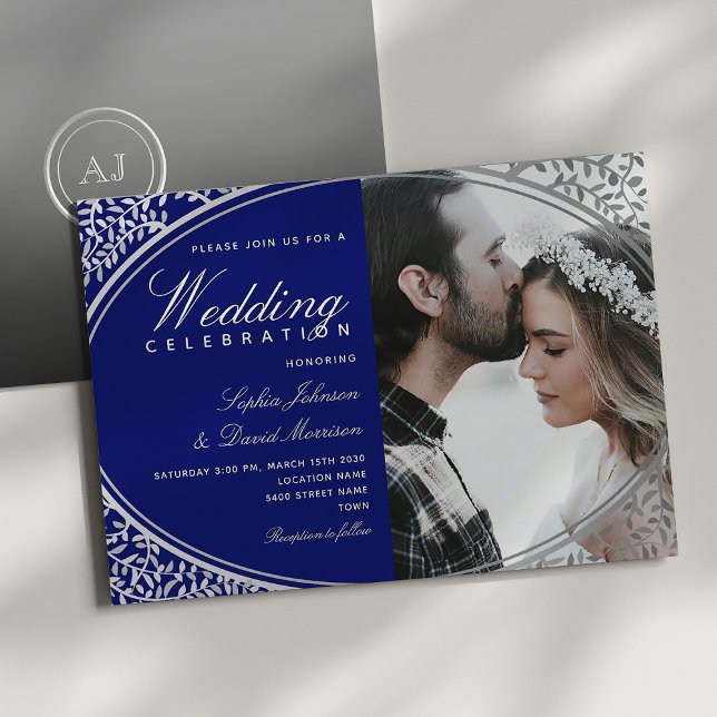 Elegante Convite de Casamento Azul Real com Foto (Criador carregado)