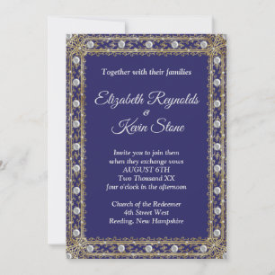 Elegante convite de casamento azul real e dourado