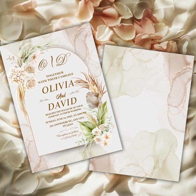 Elegante Convite de Casamento Boho Neutro com Gram (Criador carregado)