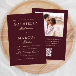 Elegante Convite de Casamento Burgundy QR Rsvp Fot