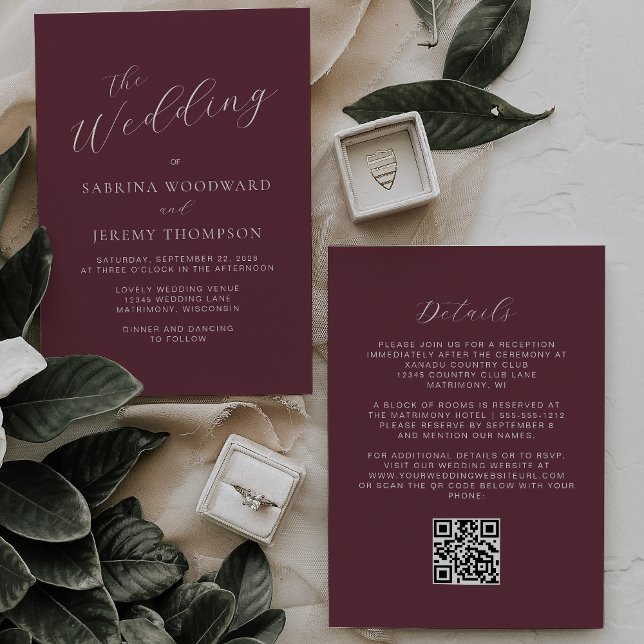 Elegante Convite de Casamento Código QR Burgundy C (Criador carregado)