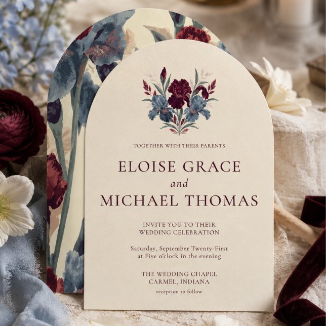 Elegante Convite de Casamento com Arco de Íris em  (Elegant Burgundy and Dusty Blue Iris Arch Wedding Invitation)