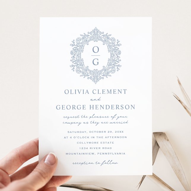 Elegante Convite de Casamento com Brasão Azul Poei (Criador carregado)
