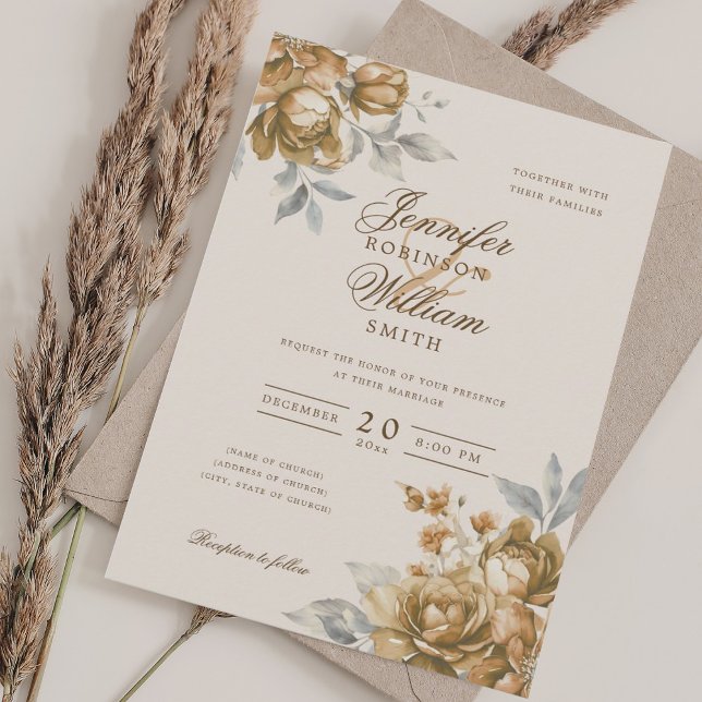 Elegante Convite de Casamento com Floral Dourado e (Elegant Script Wedding Gold Floral Invitation)
