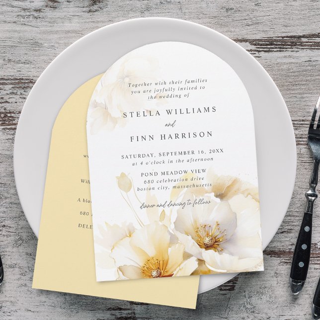 Elegante Convite de Casamento com Flores em Branco (Elegant White Yellow Gold Flowers Details Wedding Invitation)