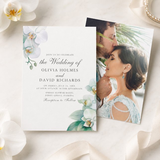 Elegante Convite de Casamento com Foto de Orquídea (Elegant Minimalist White Orchid Photo Wedding Invitation)