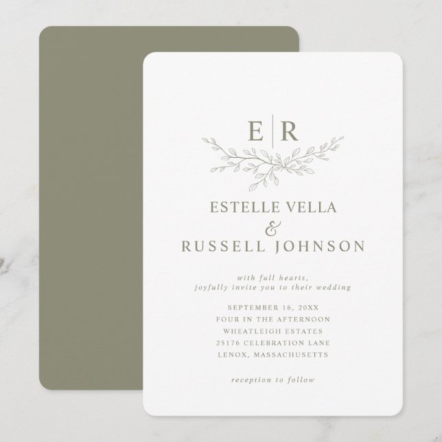 Elegante Convite de Casamento com Monograma e Galh (Frente/Verso)