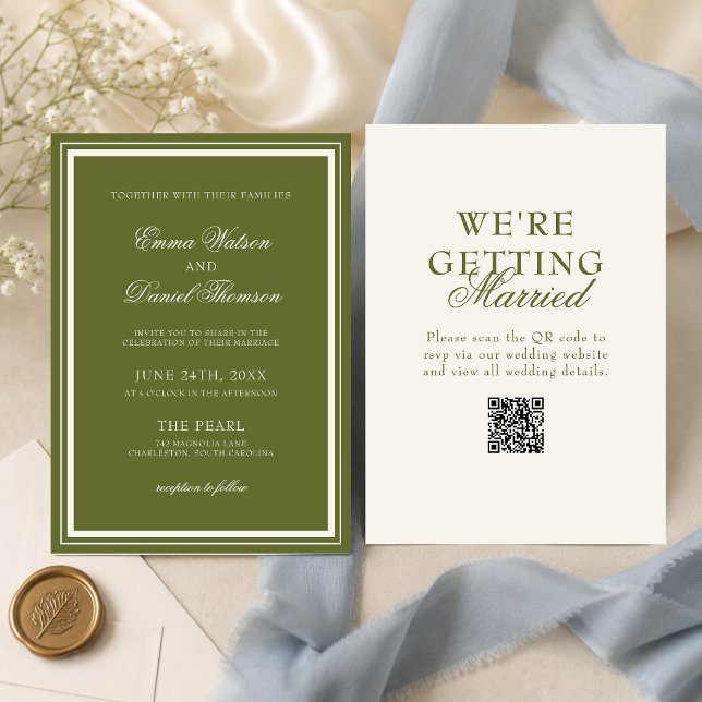 Elegante Convite de Casamento com QR Code em Verde (Elegant olive green QR code wedding invitation blends timeless style with easy access.)