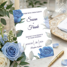 Elegante Convite de Casamento com Rosa Azul France