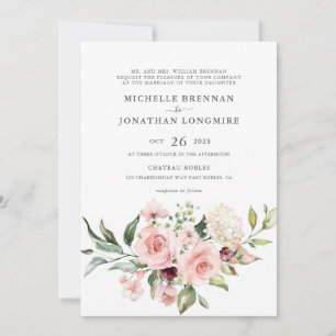 Elegante Convite de Casamento com Rosa Rosa Bege e