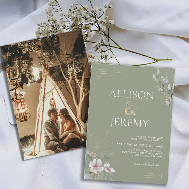 Elegante Convite de casamento Dourado Botânico Ele (Sage Green Botanical Spring Wedding Invite)