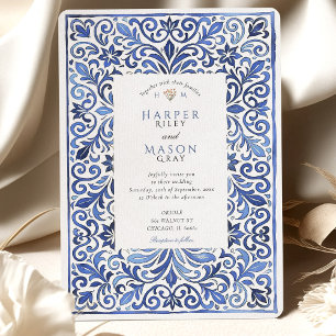Elegante Convite de Casamento em Aquarela com Azul