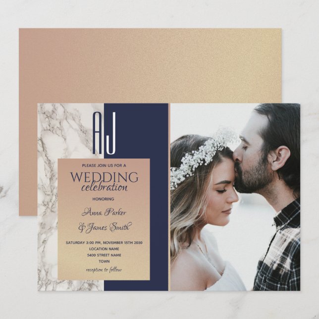 Elegante Convite de Casamento em Azul Naval Dourad (Frente/Verso)