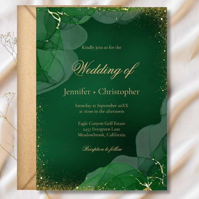 Elegante Convite de Casamento em Mármore Verde Esm (Elegant Emerald Green Gold Marble Wedding Invitation)