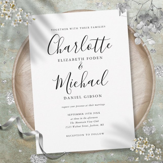 Elegante Convite de Casamento em Preto e Branco co (Elegant Black And White Signature Script Wedding Invitation)