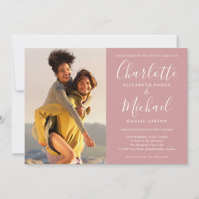 Elegante Convite de Casamento em Script com Foto D (Frente)