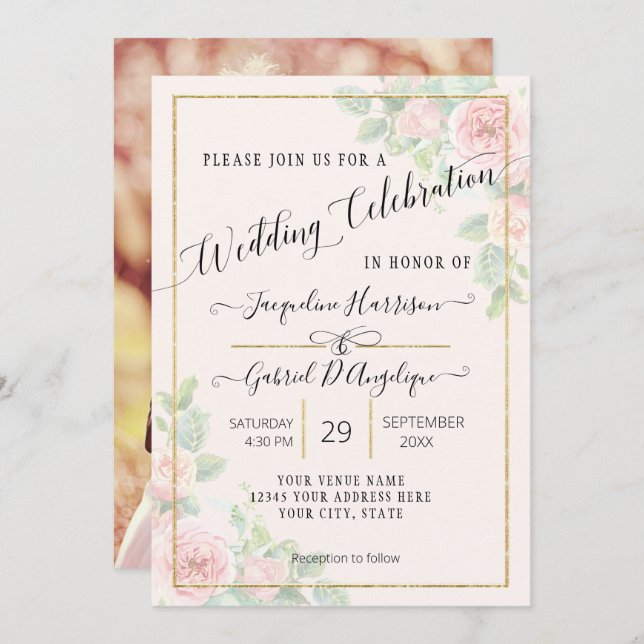 Elegante Convite de Casamento em Script Floral com (Frente/Verso)